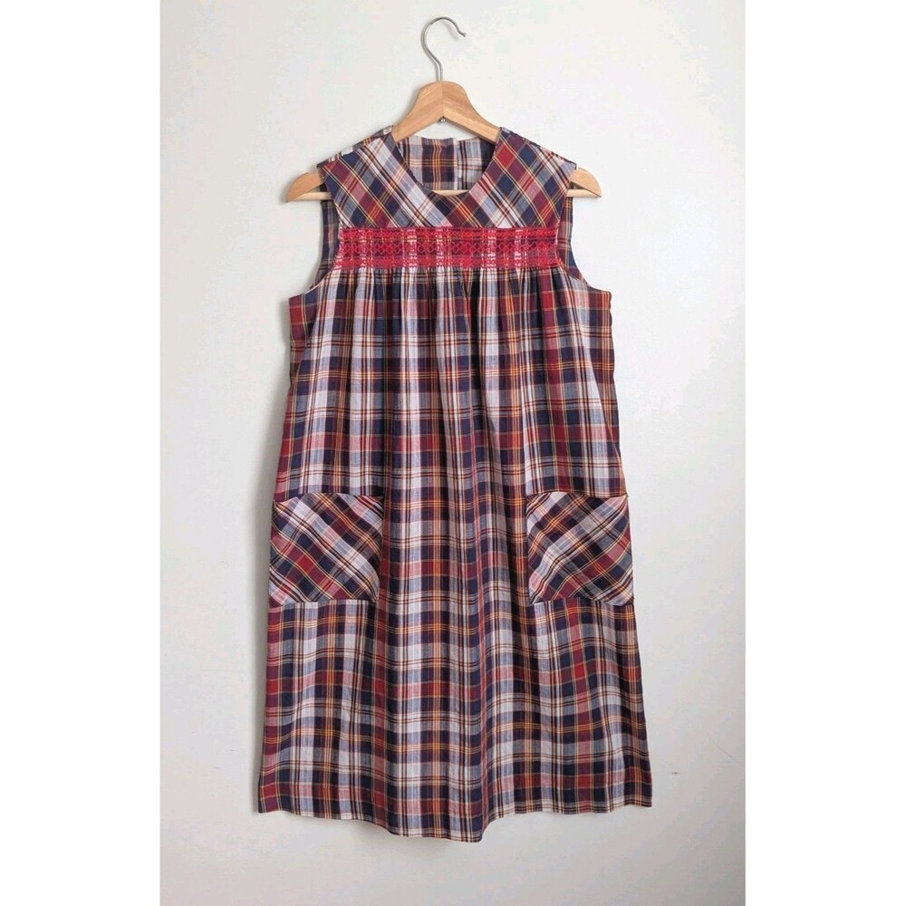 Vtg 1960s Madras Plaid Sleeveless Shift Dress Red Blue Retro S 4 6 A-line Pocket
